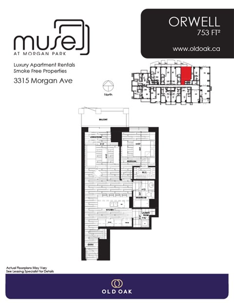 Floor plan for 1 bed, 1 bath, 753 sqft